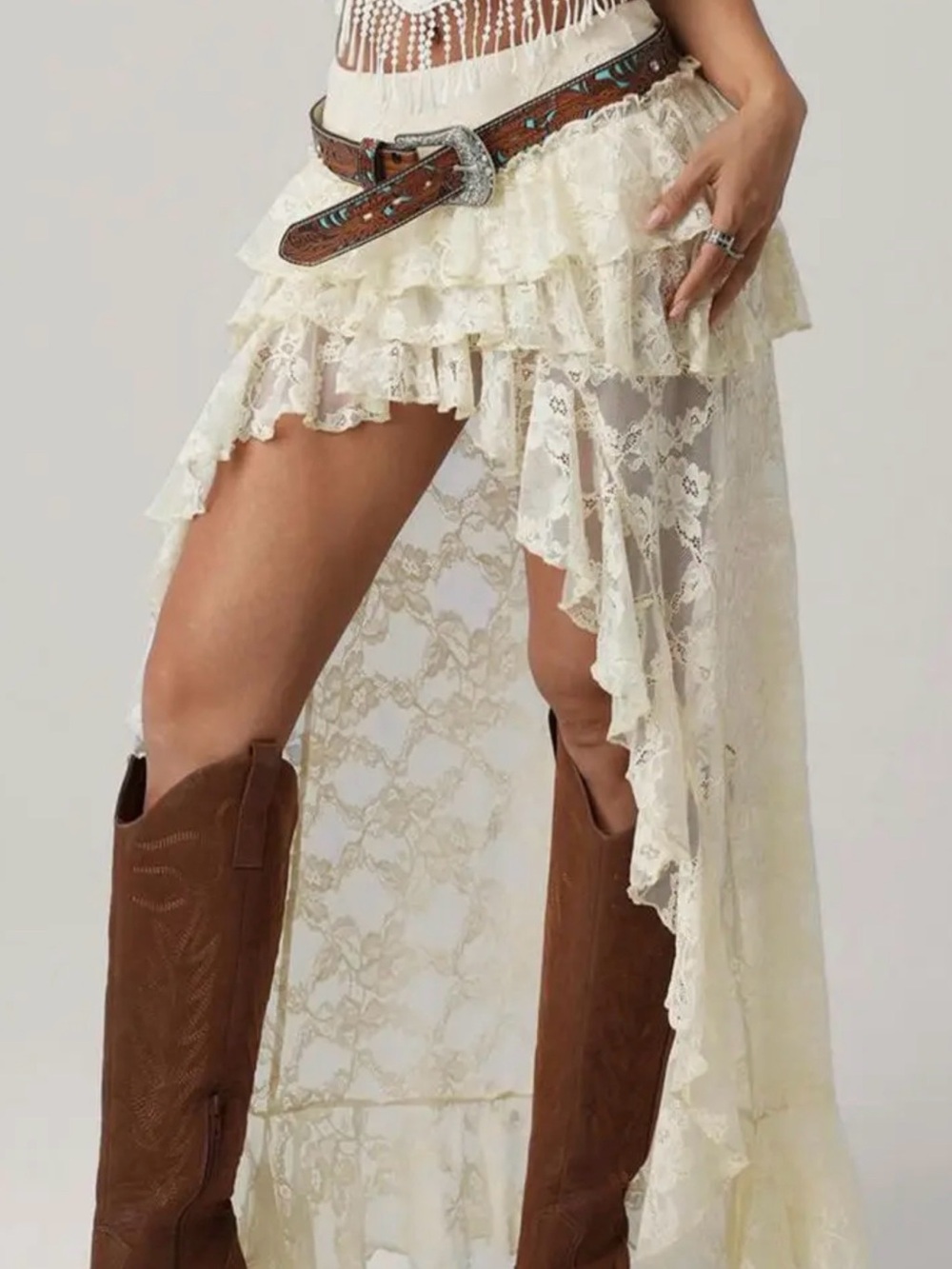 Boho Ivory Lace High-Low Ruffle Maxi Skirt